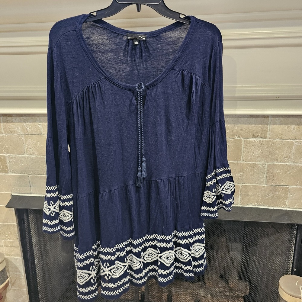 RXB Women's Navy Floral Embroidered 3/4 Sleeve Tunic Blouse size L